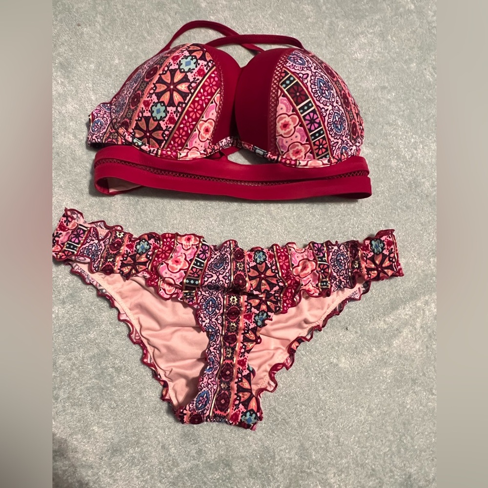 Shade & Shore Burgandy Light Pink 2 Piece Bikini Push-Up Criss-Cross Top 36D M